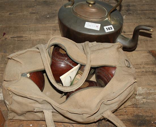 Copper kettle, lawn bowls & leather tape